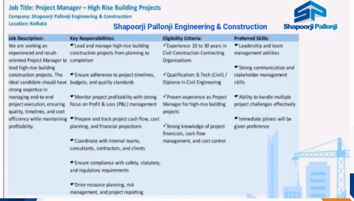 Shapoorji Pallonji Engineering & Construction is Hiring