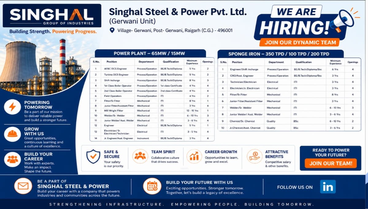 Singhal Steel & Power Pvt Ltd Hiring 2026