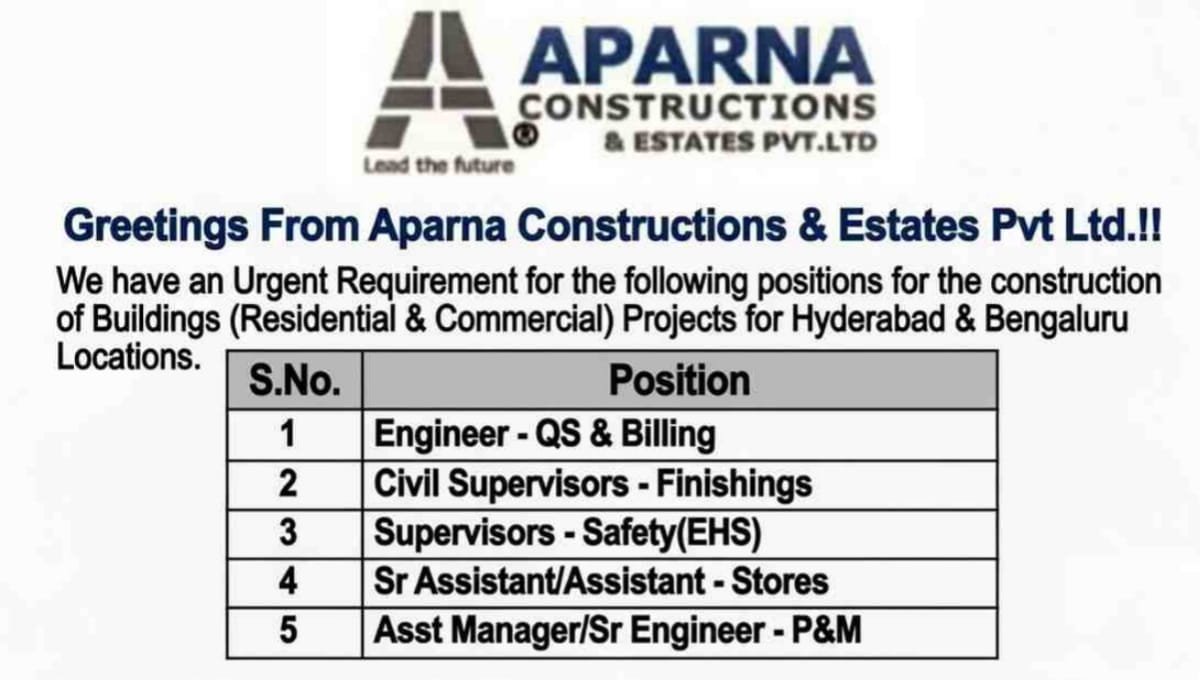 Aparna Constructions Hiring 2026
