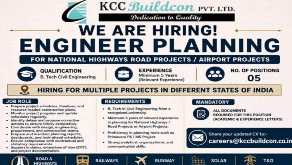 KCC Buildcon Pvt Ltd Hiring