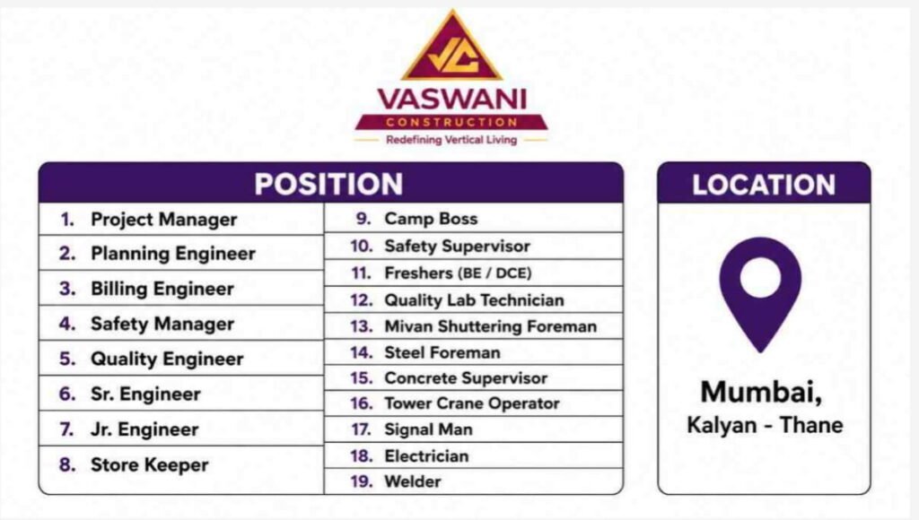 Vaswani Construction Recruitment 2026