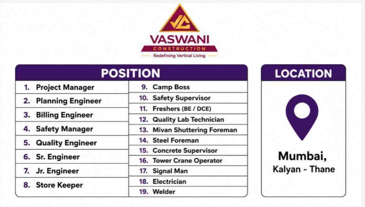 Vaswani Construction Recruitment 2026